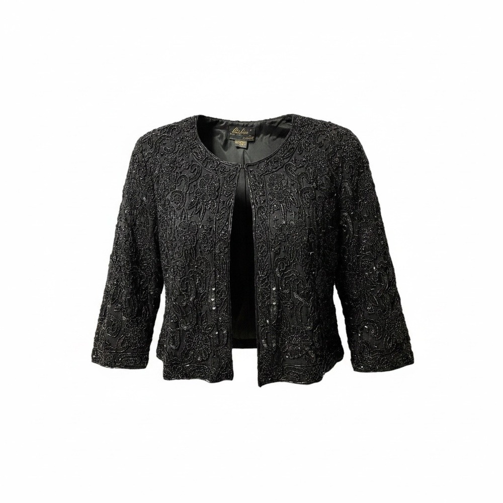 Kuku Beaded Silk Jacket Womens M Black Excellent Sequin Bolero Glam Whimsigoth
